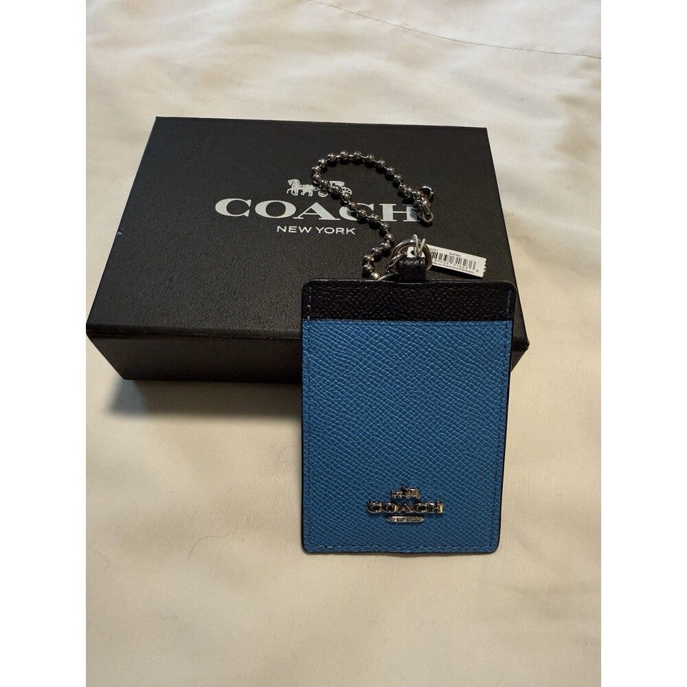 Coach Blue Leather ID Card Holder Chain Key Ring Lanyard NWT Gift Box